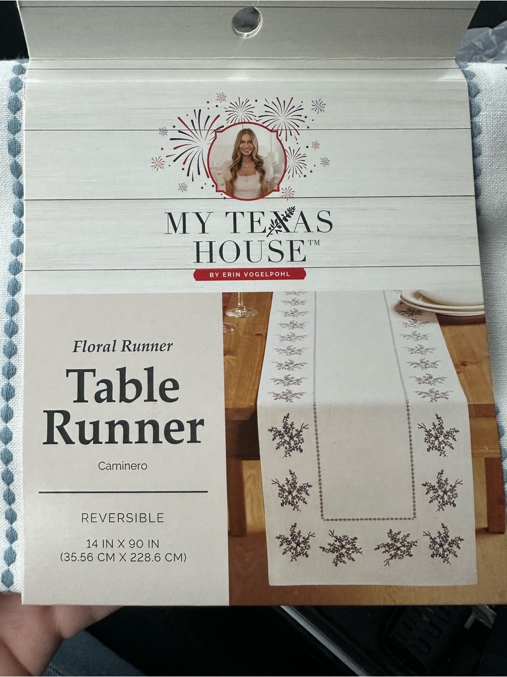 My Texas House White and Blue Reversible Floral Table Runner